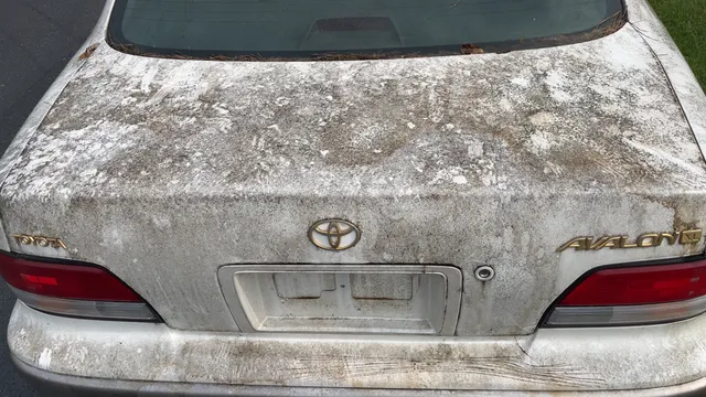 White Toyota Avalon, rear view before exterior washing and waxing